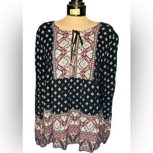 Artesia Boho Long Sleeve‎ Floral Empire Waist Top Black Pink Size XL